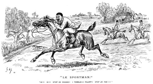 A man having difficulty staying on his horse.