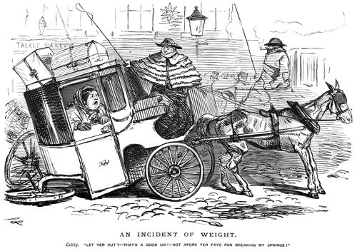 A carriage collapsing under the weight of a passenger.