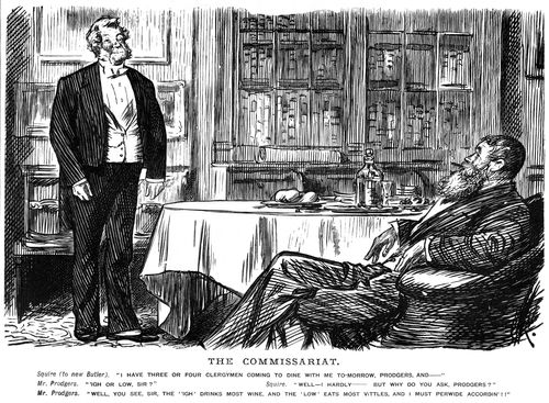 A gentleman and his butler in a dining room.