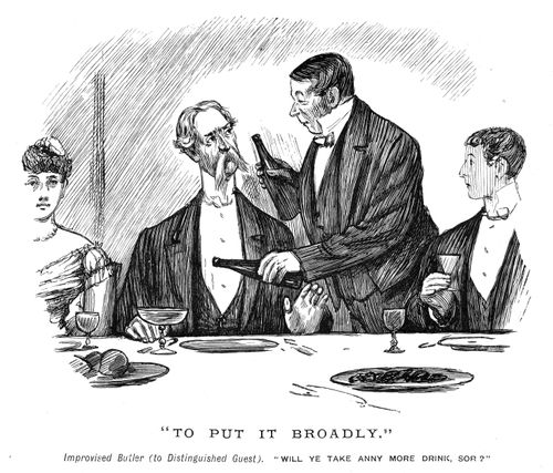 A butler offering a guest a drink.