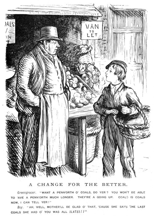 A boy purchasing coal from a greengrocer.