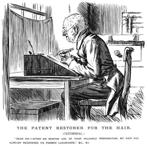 A man writing a questionable testimonial for a hair restorer patent.