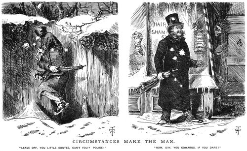 A man under attack from a barrage of snowballs.