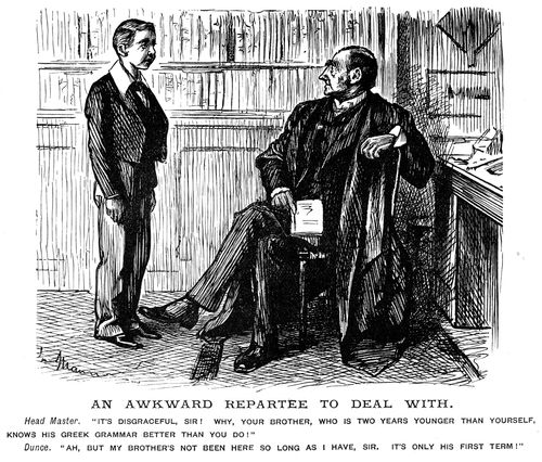 A headmaster questioning a pupil on the quality of his Greek grammar.