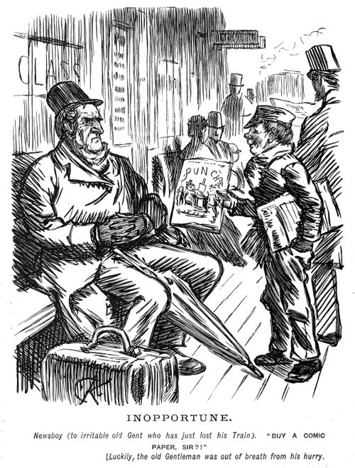 A boy selling comics at a train station.