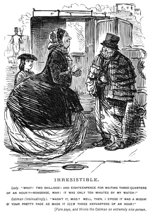 A cabman charming a disgruntled passenger.