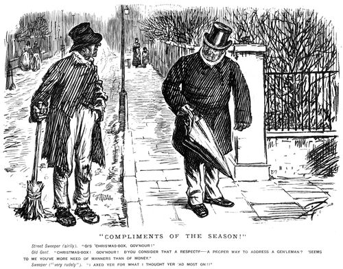 A street sweeper asking for a donation to his christmas box