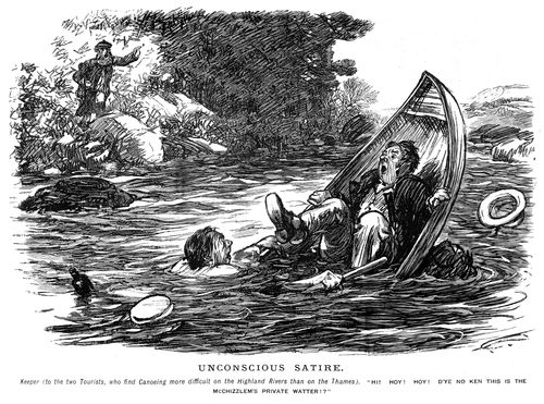 Two men in a capsized canoe