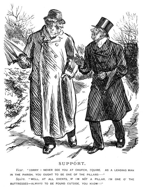 A vicar questioning a local man about his church attendance
