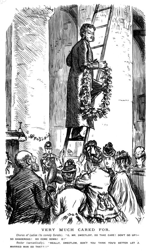 A group of women concerned about a priest climbing a ladder