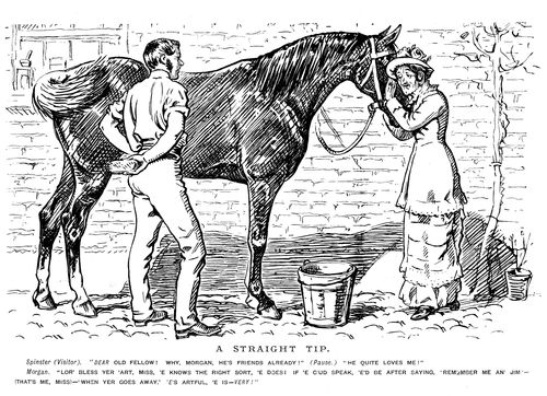 A man selling a horse to an older lady