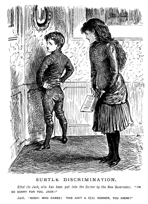 A boy being made to stand in the corner