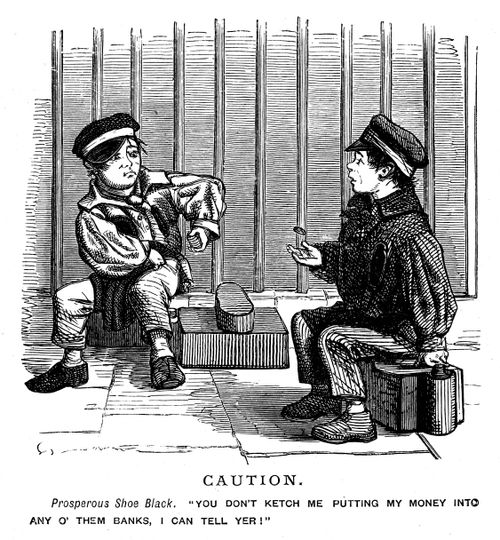 Two shoe shiners discussing finances