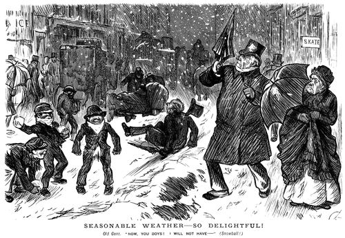Children throwing snowballs at an elderly gentleman