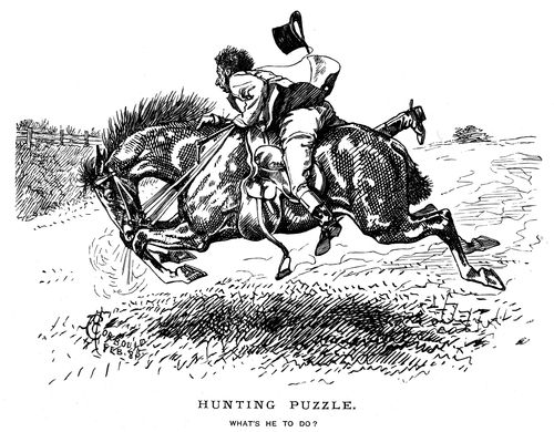A hunter on a horse that is out of control