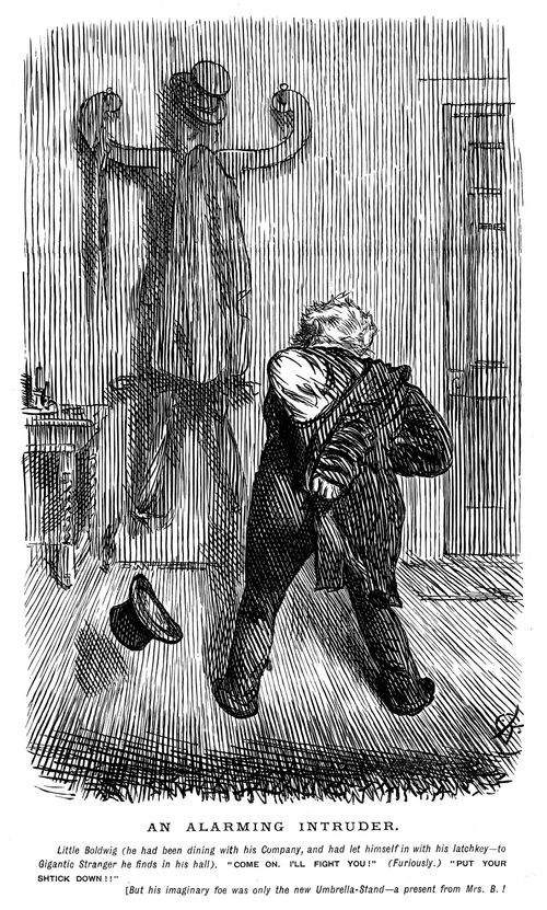 A drunk man attacking an umbrella stand
