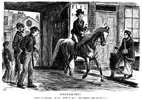 Some men taunting a gentleman on a horse