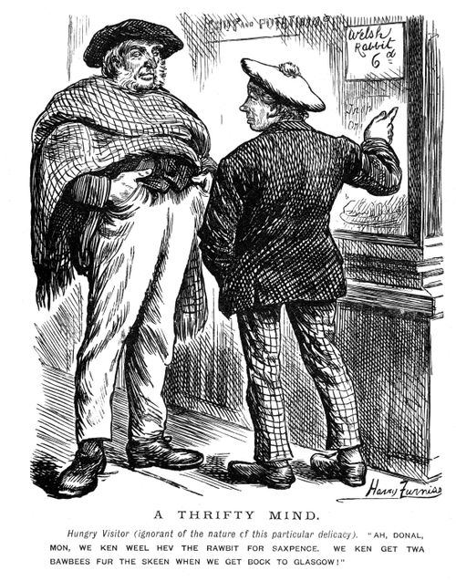 Two scottish gentleman debating over having Welsh rabbit