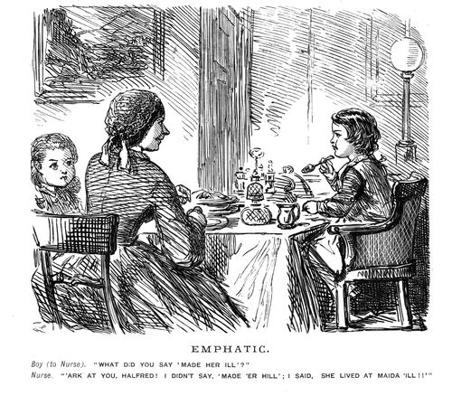 Two children and their nurse sat down for a meal