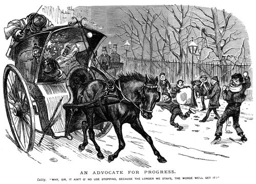 Some children throwing snowballs at a hansom cab