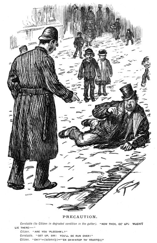A drunk man being told to get up out of the gutter by a policeman
