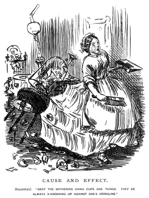 A women with a stiff crinoline knocking over cups and saucers