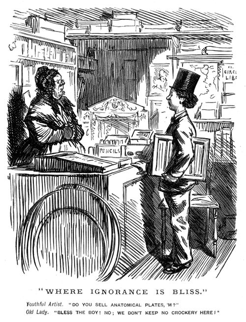 A boy trying to buy anatomical plates from an art supply store