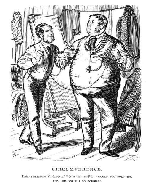 A tailor measuring a large man