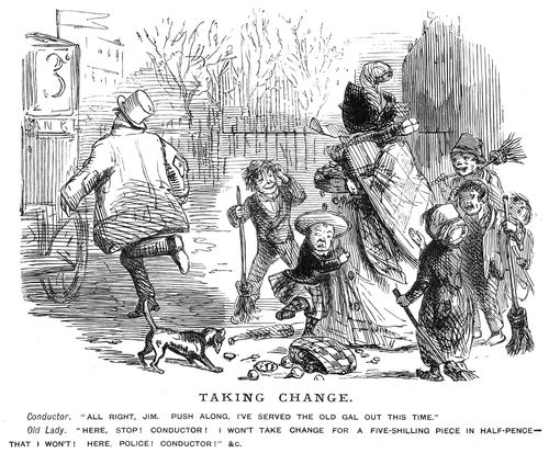 A lady being given her change in half-pennies