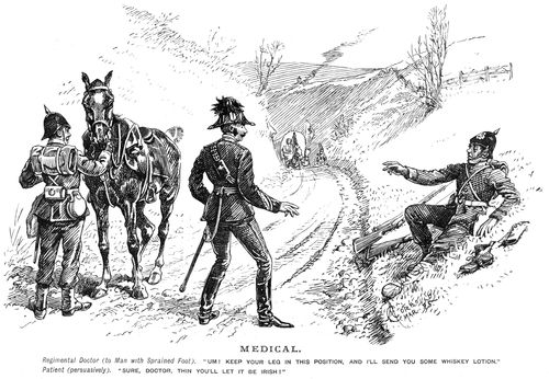 An injured man requesting irish whiskey to treat his wounds