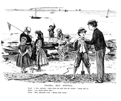Young man at the beach asking friend to kiss his sister hoping he can then kiss friends sister 