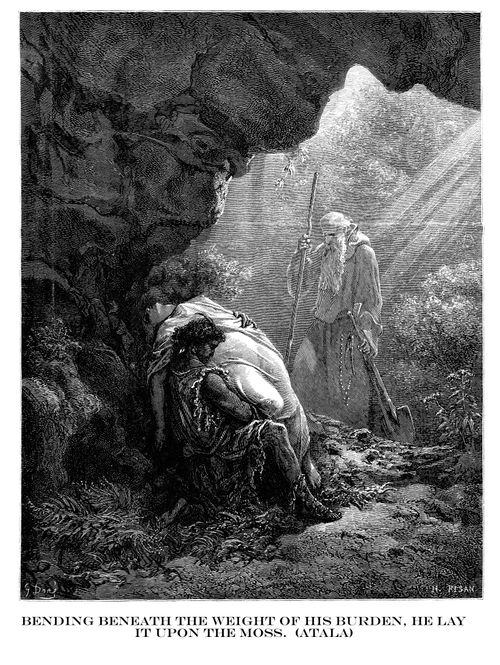 Bending beneath the weight of his burden, he lay it upon the moss (Atala).