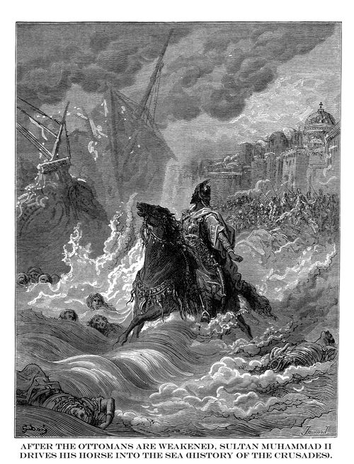 After the Ottomans are Weakened, Sultan Muhammad II Drives His Horse Into the Sea (History of the Crusades).