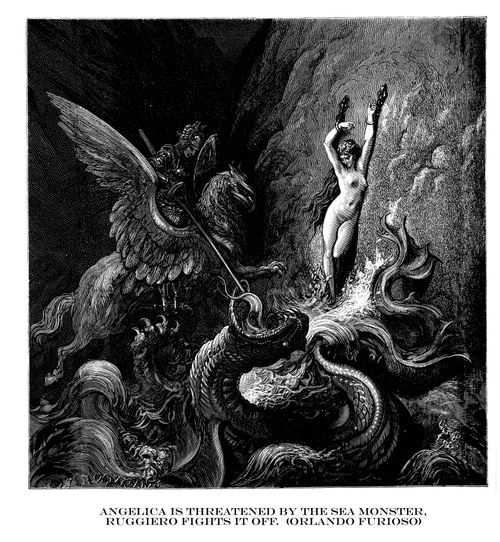 Angelica is Threatened by the Sea Monster, Ruggiero Fights it Off (Orlando Furioso).