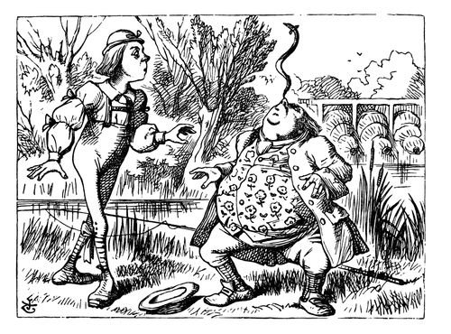 Alice in Wonderland - Father William Balances an Eel on the End of his Nose.