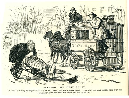 A Bus Knocks Down an Old Gentleman's Carriage.