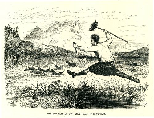 A Highlander Chasing Dogs with a Knife and a Broom.