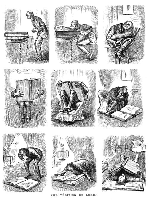 Man struggling to read a large edition of a book
