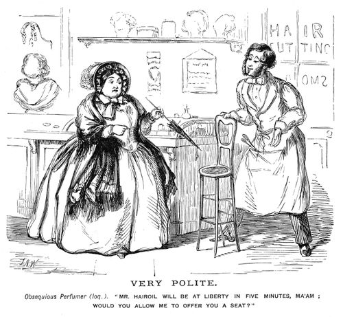Hairdrasser offering lady a chair