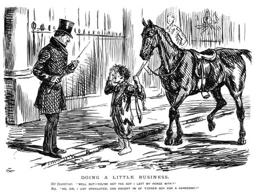 Street boy looking after a horse