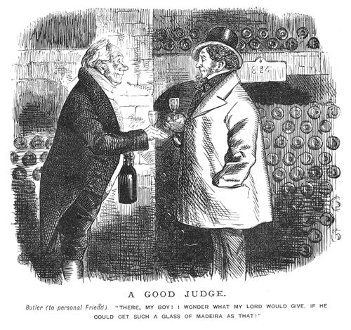 Butler and his friend drinking in a cellar