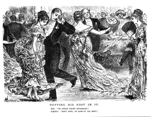 Dancer entangled in his partner's dress