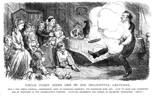 Uncle demonstrating chemical experiments to children