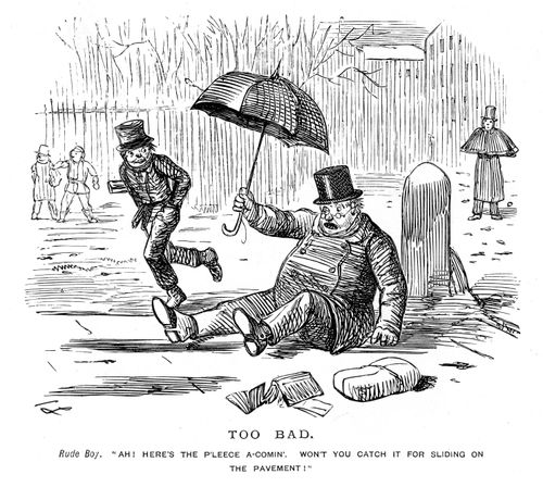 Boy Laughs At Man Who Has Fallen Down.