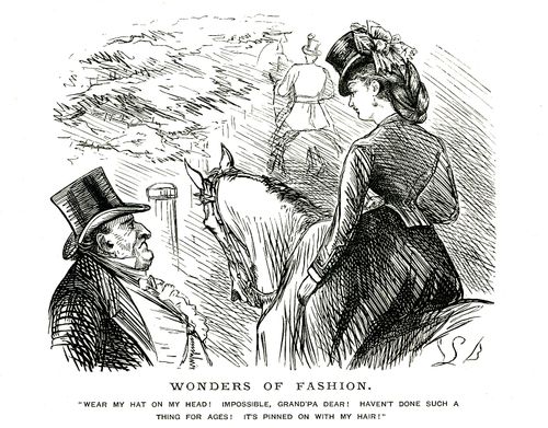 Lady on a horse with her hat pinned to her hair