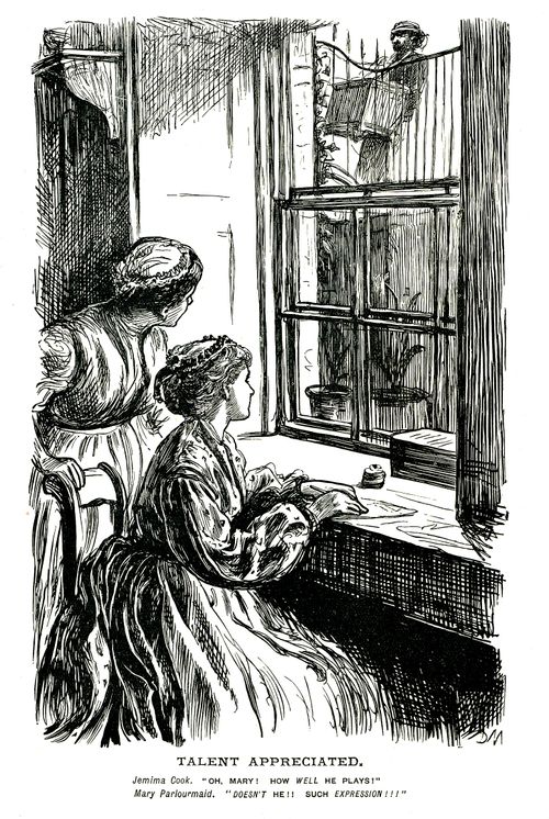 Servants admire organ grinder
