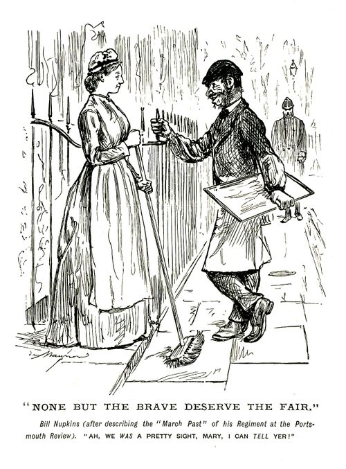 Off duty soldier describes his regiment to a lady