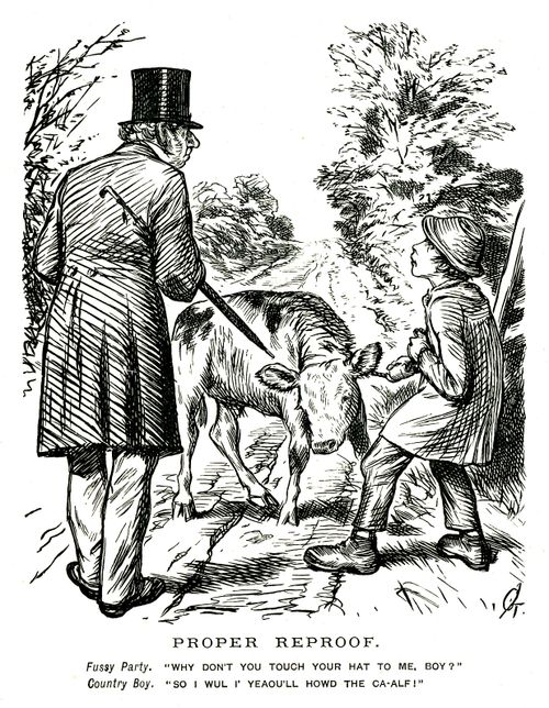 Snobbish man asking boy to take of his hat