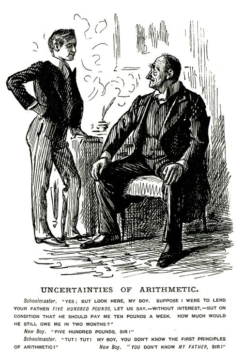 Schoolmaster asking pupil about interest