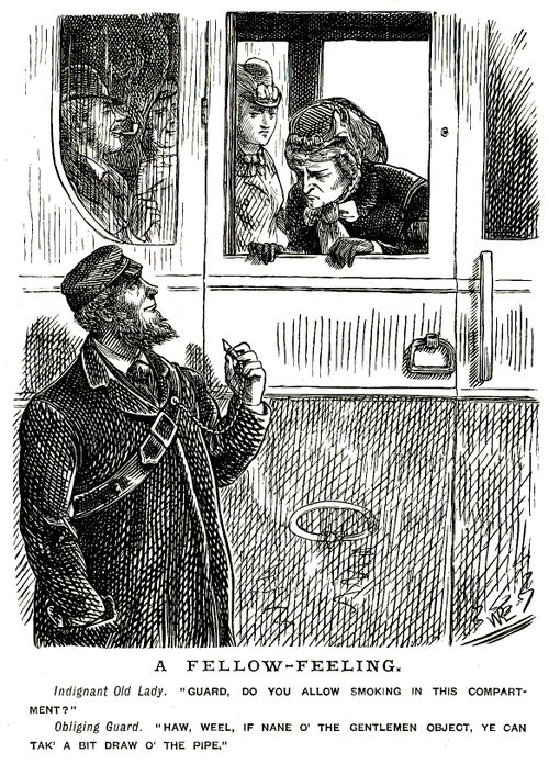 Lady asking train guard if smoking is allowed